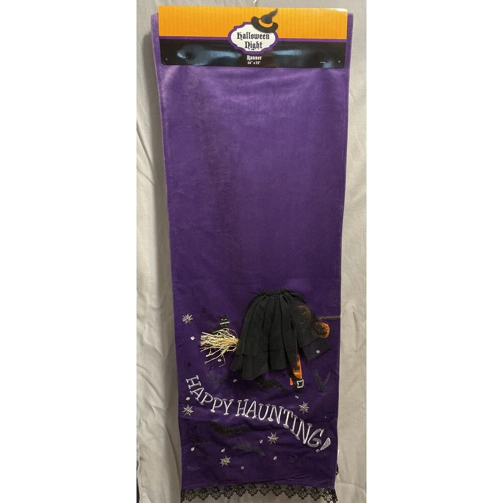 3D Witch Legs & Broom Halloween Table Runner 14”x72